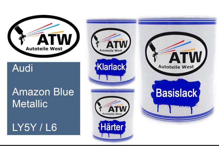 Audi, Amazon Blue Metallic, LY5Y / L6: 1L Lackdose + 1L Klarlack + 500ml Härter - Set, von ATW Autoteile West.